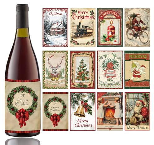 Lot de 36 étiquettes de bouteille de vin de Noël - Étiquettes vintage avec cloche d'élan de Père Noël - Accessoires de décoration de fête (C, M)