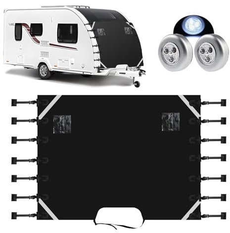 Universal Front Towing Cover Wohnwagen Frontabdeckung mit 2 LED-Leuchten, 210 x 180 cm Wohnwagen Abdeckung, wasserdichter Oxford-Stoff, Schutzabdeckungen, Zubehör mit reflektierenden Streifen