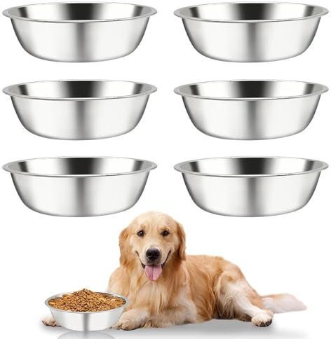 PINVNBY 6 PCS Stainless Steel Dog Bowls, Replacement Metal Pet Puppy Food Water Bowl Set Suit for Indoor, Travel, Kennel, Dog Feeding Dishes for All Dogs, Dishwasher Safe (8.9 Inch)