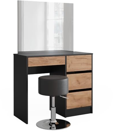 Vicco Tavolo da toilette Sherry, Antracite/quercia dorata, 90 x 75 cm con specchio e sgabello