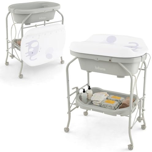 COSTWAY Table à Langer 2 en 1 avec Baignoire 20L Plateau de Rangement, Commode à Langer Pliable Couches Étanches Roue Universelle à Frein Baignoire Charge 35KG, pour Bébé 0-12 Mois (Gris Clair)