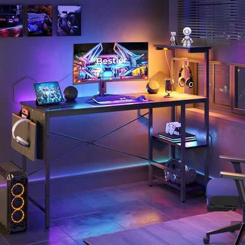 Bestier 140CM Reversible Gaming Desk with RGB LED Lights Corner Computer Desk with Storage Shelves, Side Pocket & Headset Hooks Writing Table for Home Office & Small Spaces