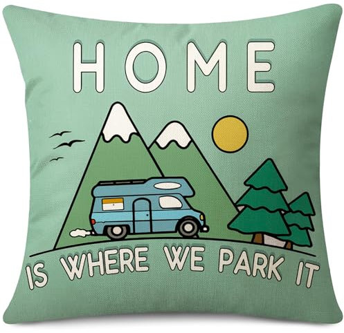 JOTOM Cushion Cover 45x45 cm Motorhome Gadgets Caravan Camping Home is Where We Park it Throw Pillow Cover Campervan Accessories Gift Pillow Case Holiday Couch Bed Sofa Decor (Camping Green)