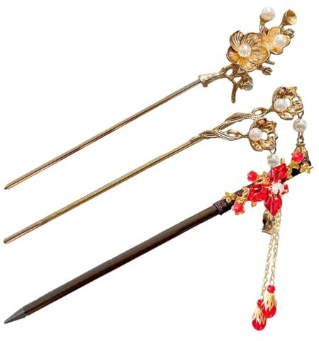 KEQAR 3 Stück gewickelte Haarnadel, Vintage-Haarnadel aus China, Quasten-Haarnadel, mit Blumen verziert, Haarschmuck für Mädchen