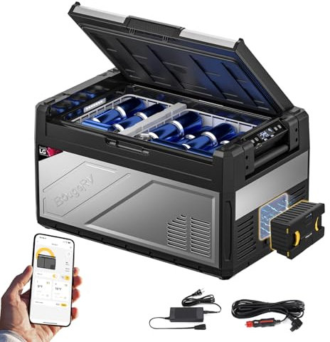 BougeRV Rocky 39L Glacière à Compression avec Batterie Rechargeable de 173 Wh Frigo Portable 12V 220V Compresseur de 5,7cc Double Zone Voiture Réfrigérateur Congélateur Camping Car Van Bateau -20℃