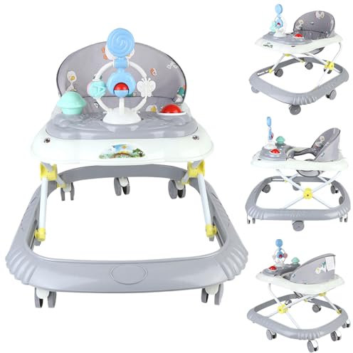 Trotteur Bébé 4-en-1 avec Plateau d'Activités Musical, 4 Hauteurs Réglables, Trotteur Bebe Marche Pliable, De 6 à 18 mois (Gris, 58 * 55 * 65 cm)