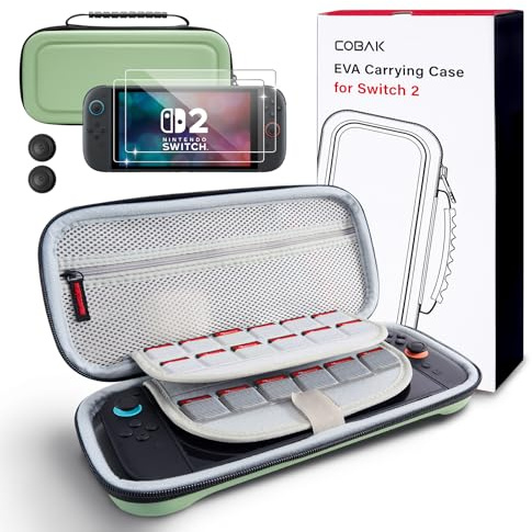 CoBak Large Capacity Carrying Case for Nintendo Switch 2 (2025) - 3 in 1 Accessories Bundle with 2 Screen Protectors, Thumb Grip Caps, 24 Game Cards/microSD | Gift Box Edition (Matcha Green)