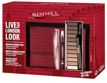 Rimmel London Cofanetto Regalo Live Your London Look, Pochette con Mascara Wonder'Luxe Volume, Matita Occhi Scandal'Eyes Kohl Black Waterproof e Palette Occhi Magnif'Eyes Nude