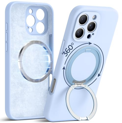 GUAGUA Liquid Silicone for iPhone 16 Pro Max Case with 360 Spin Magnetic Ring Stand (Compatible with MagSafe) [Camera & Military Drop Protection] Protective Non-Slip for 16 Pro Max Phone Case, Blue