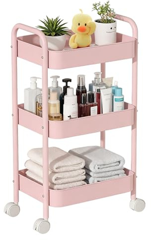 3 Tier Metal Storage Trolley on Wheels, Storage Cart, Rolling Utility Cart | Easy Assembly for Home Kitchen, Bathroom Laundry and Office (Pink)