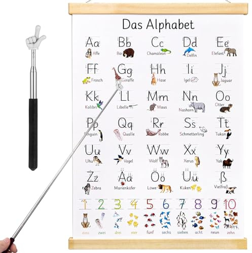 Veszoen ABC Poster für Kinder 40x60 cm Alphabet Poster Lernposter Kinders Lernposter Kinders Einschulung Geschenk, A - Z mit Rahmen und Fingerlesestab für Kindergarten, Vorschule, Grundschule