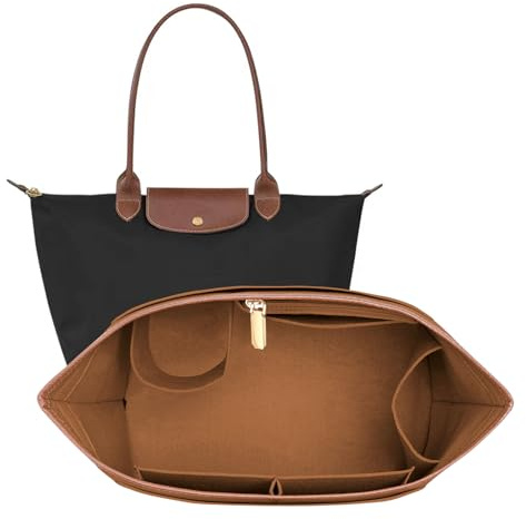 DOIAPUOS Felt Purse Organizer Insert for Longchamp Le Pliage M Bag, Handbag Leather edge Longchamp Organizer Insert with Cup Holder Tote Organize(Brown, Medium)