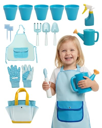 15pcs Kids Gardening Tool Set, Outdoor Gardening Set with Tools, Rake, Fork, Trowel, Watering Can, Gloves, Tote Bag & Plant Pots, Fun Garden Gift for Boys Girls Ages 3-12, Sky Blue