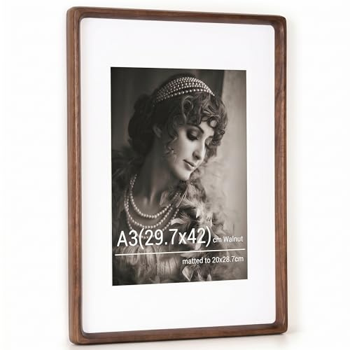 A3 Bilderrahmen, Natürliches Walnussholz Fotorahmen mit Gehärtetem Glas, Handgefertigte Abgerundete Ecke A3(29,7x42) cm Holzrahmen Mattiert auf 20x28,7 cm Fotos für Poster Wandkunstrahmen