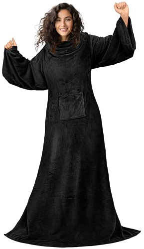 PAVILIA Tragbare Fleece-Decke mit Ärmeln für Erwachsene, Damen, Herren, weich, warm, Wickeldecke, Bademantel mit Arm, schwarz, Fleece