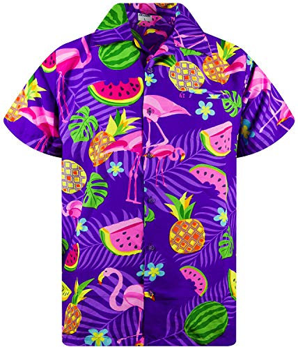 King Kameha Funky Hawaii-Hemd, Herren, Kurzarm, Flamingo-Melon, Violett, XS