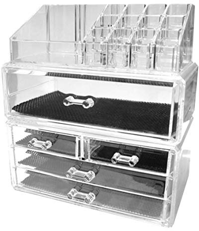 Kamay's 3 In 1 XL Size Makeup Case Acrylic Clear Cosmetic Organiser Display Box Acrylic Makeup Storage 4 layers 5 Drawers With Top Section Lipstick Makeup Brush Tray XL Style 5