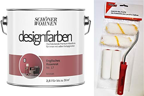 Schöner Wohnen designfarben feinmatte Wandfarbe für innen 2,5 Liter mit go/on Rollen-Set 5-tlg (Nr 17 Englisches Rosenrot)