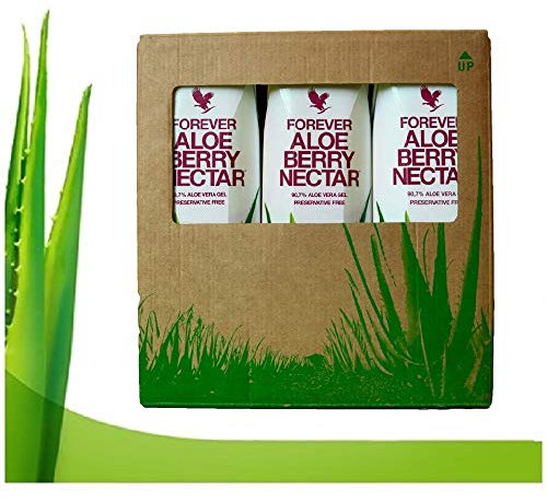 Forever living tripack 3x1 litro di aloe vera al gusto di mirtillo rosso mela e polpa di pesca Succo puro naturale al 100% da bere. (Aloe berry nectar)
