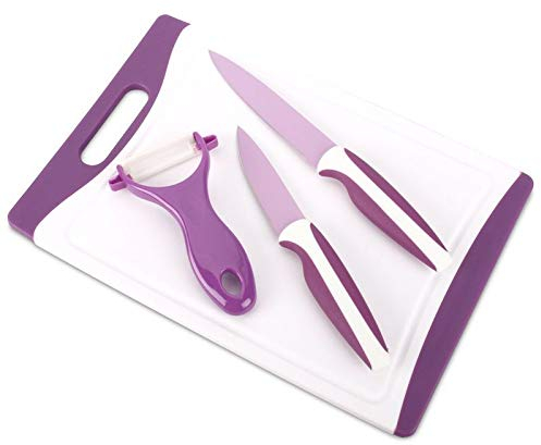 Haushalt International 4 tlg. Messer Set 2 Küchenmesser + 1 Schäler + 1 Brettchen lila