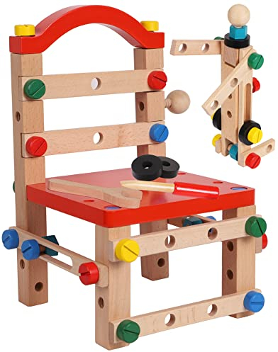 TOWO Wooden Nuts and Bolts Set - Construction Work Bench Chair - Construction Kits for Kids - Wooden Toys for 4 years old