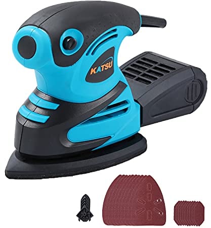 KATSU Tools Detail Palm Sander, 180W Electric for Wood with Dust Collector and 20 Sanding Pads, Multi for Furniture Finishing 100176