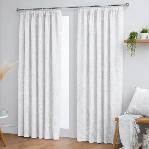 John Aird Crushed Velvet Fully Lined Pencil Pleat Curtains (White, 90 Wide x 90 Drop)