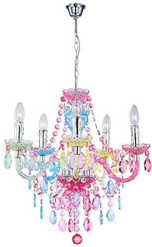 etc-shop Kronleuchter Lüster Hängeleuchte Kristallleuchte Hängelampe Regenbogenfarbig, Chrom, Acrylkristalle, 5 flammig, 5x E14 Fassungen, DxH: 51x149 cm
