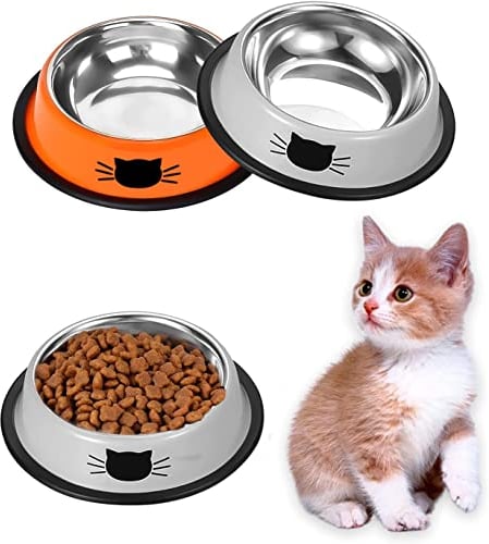Ctop 2 Piece Cat Food Bowls,Cat Bowls, Cat Protection Set,Dog Bowls.Non-Slip Stainless Steel Cat Bowl, Water Bowl, Cat Bowl, Cat Bowls and Drinking for Pets, Gray Red