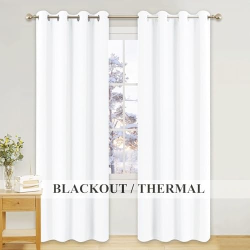 PONY DANCE Eyelet Thermal Insulated Curtains - White Light Filtering Privacy Protection & Energy Saving Curtains for Living Room/Bedroom, Home Decoration Drapes, 52 x 84 Inch, 2 Panels, Pure White
