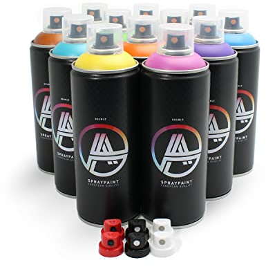 Double A Spraypaint Sprühdosen Set, Paket Grundfarben Groß, 12 Spraydosen 400ml + Sprühaufsätze