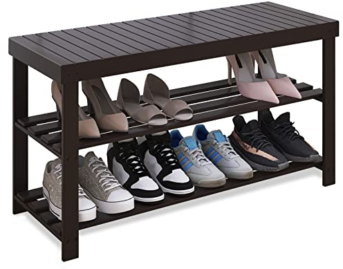SMIBUY Schuhbank, Schuhregal aus Bambus, Schuhschrank mit Sitzbank, Schuhständer mit 3 Ablagen, Stabil Standregal ideal für Flur, Eingang, Bad, Wohnzimmer, Diele, Dunkelbraun