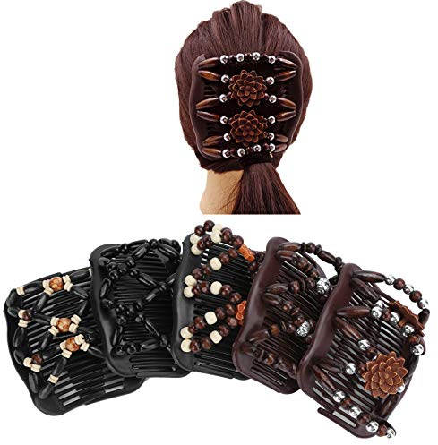 5 Stück Doppelkamm-Haarspangen, Magischer Haarkamm, Holzperlen, Elastischer Clip, Damen-Haarschmuck, Haarstyling-Werkzeug