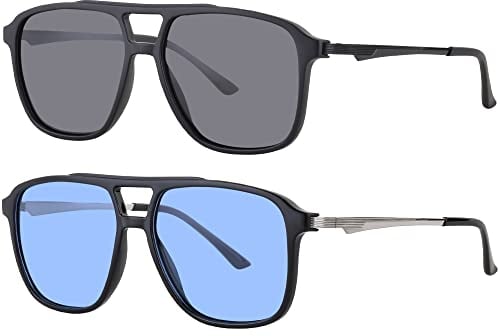 Ulknyss Sunglasses Mens Polarised 2 Pcs Classic Flat Top Square Frame Sun Glasses UV400 Protection Retro Shades for Men Women (3301 black matte frame with black lens&black frame with blue lens)