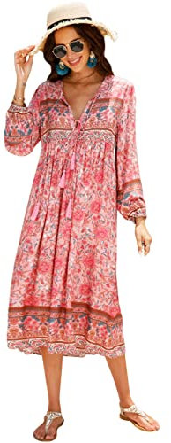 R.Vivimos Women's Casual Bohemian Print Neck Tie Long Sleeve Beach Style Long Midi Dress Vacation Dress(XXLarge,LightPink#2)