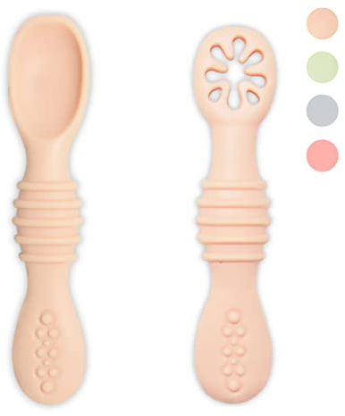 VegMai® PreCuillères pour bébés. Cuillères BLW d'apprentissage, étape 1 + étape 2. Recommandées par les nutritionnistes et les experts BLW. Couverts en silicone antibactérien et ergonomiques.(SAUMON)