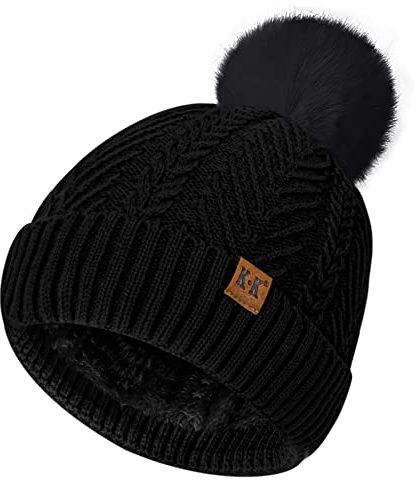 ECOMBOS Bobble Hat Women - Winter Hats for Women Warm Beanie Hat Knitted Wooly Hats Thermal Fleece Line with Pom Pom for Ladies Outdoor Ski