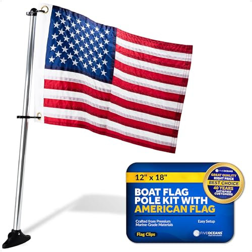 Five Oceans Pontoon Flag Pole Socket with Flag, Boat Flag Pole Kit, American Flag for Boat, U.S. 50 Star Sewn Boat Flag 12 x 18- FO4686