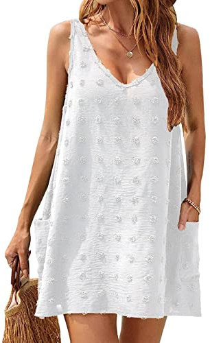 RPAEOY Robe de Plage pour Femmes sans Manches V-Cou Min Robe avec Pochette Sexy Cache-Maillots et Sarongs Ete Robe de Maillot de Bain Bikini Cover Up Couvrir Bohème Beachwear (Blanc,S)