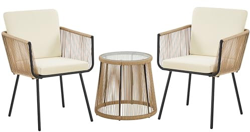 Yaheetech 3-Piece Outdoor PE Rattan Bistro Dining Set, 2 Chairs & Tempered Glass Top Coffee Side Table for Garden w/Cushions, Tan/Cream