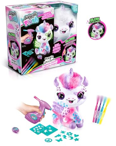 Airbrush Plush Magic Unicorn | Si illumina al buio | Decorare, lavare e ripetere | 4 penne a gesso lavabili, aerografo alimentato a batteria, oltre 100 stencil per adesivi, per bambini dai 6 anni in