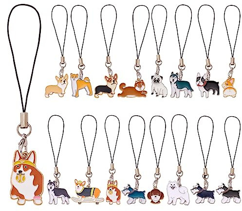 BEEFLYING 16 Stück Schlüsselanhänger-Schnur-Anhänger, Handy-Anhänger, Riemen, süßer Hund, Handy-Anhänger, Kawaii-Hängezubehör für Handy und Schlüsselanhänger-Taschen (Hund)