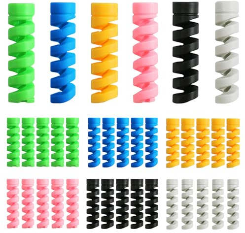 LLMSIX 60-Piece Charger Cable Protector Set - 6 Colours, Silicone Spiral Cord Saver for Data Cables