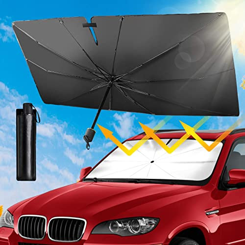 DYBOHF Parasol Coche Delantero, CompraFun Parasol Paraguas Coche, Parasol Plegable Coche con Anti UV Rayos, Fácil de Instalar y Almacenar, para Mayoría de Coches, SUV, Camiones (120 * 65cm)