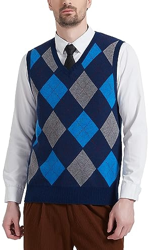 Kallspin Herren Argyle Gestrickt Ärmellos Pullover Wollmischung V-Ausschnitt Strickwesten(Marineblau, L)