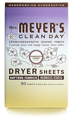 MRS. MEYER'S CLEAN DAY Fogli per asciugatrice, ammorbidente per tessuti, riduce l'elettricità statica, infusi con oli essenziali, fiore della compassione, 80 pezzi
