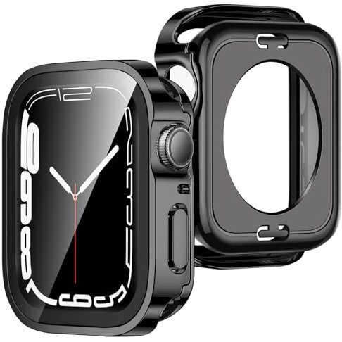 ZZDZZ [2 Pezzi] 2 in 1 Cover Compatibile con Apple Watch Series 9 8 7 41mm con Vetro Temperato, Rigida PC 360 Protezione Completa Custodia Protettiva per iWatch 41mm (Nero)