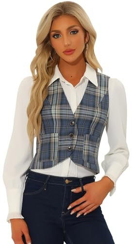 Allegra K Gilet à Carreaux Femme Col en V Veste Vintage Sans Manches Gilet Boutonné Costume d'Affaires Décontracté Gris Bleu Vert M