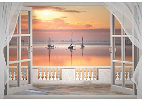 SDOTPMT 7x5ft Romantic Sunset Polyester Backdrop White Window View Curtains Calm Lake Drifting sailboat Peaceful Natural Landscape Travel Theme Background Adults Portrait Photo Studio Props
