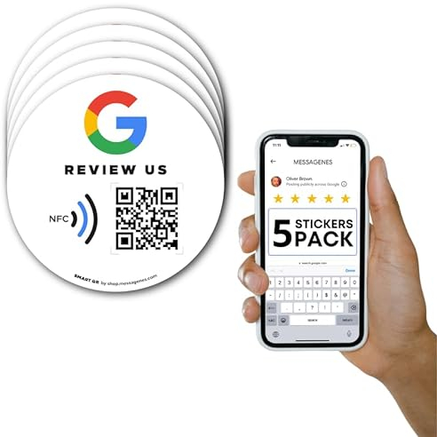 Wiederverwendbare Rezensions-Aufkleber für Google-Rezensionen, 5-Aufkleber-Packung, QR & Tap NFC-Aufkleber, Review Us on Google Tap Aufkleber, iPhone & Android, Boost My Reviews Aufkleber, Einrichtung
